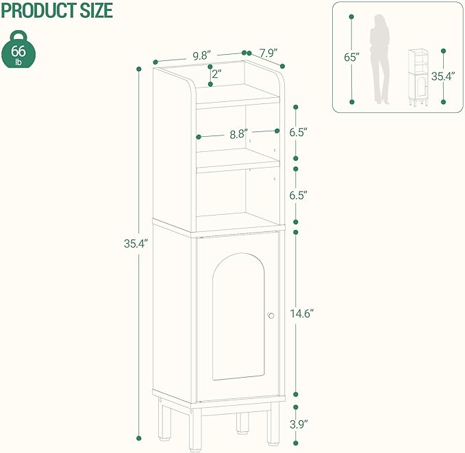 Hzuaneri Bathroom Storage Cabinet, Small Corner Floor Cabinet with Door and Shelves, Narrow Toilet Paper Holder, Bathroom Organizer with Adjustable Shelf, for Small Spaces, Black BC38204GV1