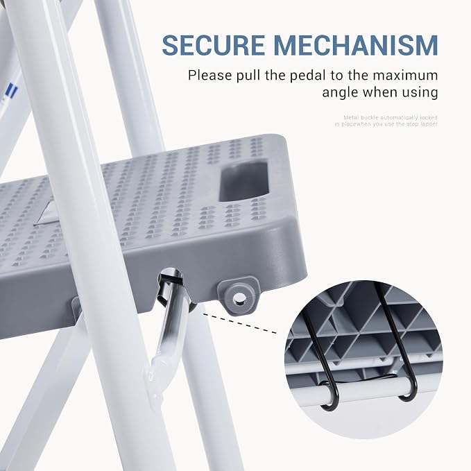 DUMOS Step Ladder, 3 Sturdy Step Stool with Anti-Slip Pedal & Comfortable Handrail, Portable Heavy Duty Step Stool for Kitchen, Garage & Outdoor Use, 800lbs, Pale Grey
