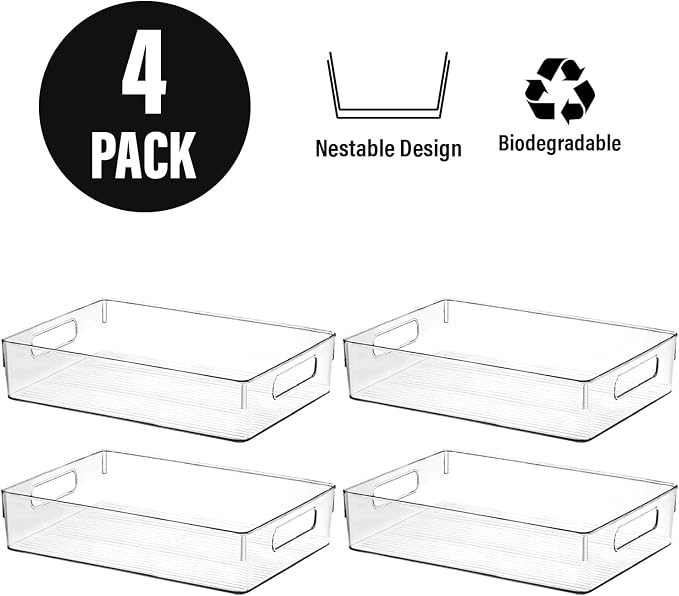 Clear Plastic Storage Bins, Pantry Organizers and Storage, Kitchen Organization and Storage Containers Bins for Organizing, Fridge, Freezer, Bathroom, Pantries, Medicine Cabinet Organizer Bin