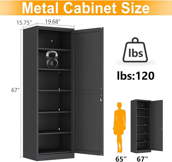 Ckzbx Metal Locker Tall Narrow Storage Cabinet, 67" H Locking Tool File Cabinets Snack Locker Organizer for School Classroom,Bedroom,Gym Home Office,Entryway and Hallway (20" W 1Door Black)
