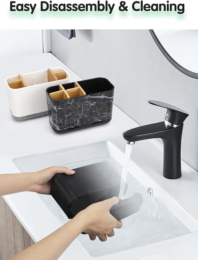 GFWARE Black Toothbrush Holder, Bamboo Toothbrush and Toothpaste Holder with Drainage, Electric Kids Matte Black Toothbrush Holders Set Organizer for Bathrooms Countertop Accessories Storage