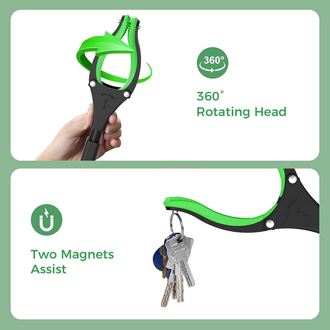 51" Heavy Duty Grabber Reacher Tool, Black & Green | For Seniors/Disabled/After Surgery Recovery, Extra Long Foldable, With Shoehorn, 360° Rotating Anti-Slip Claw, Magnetic Tip