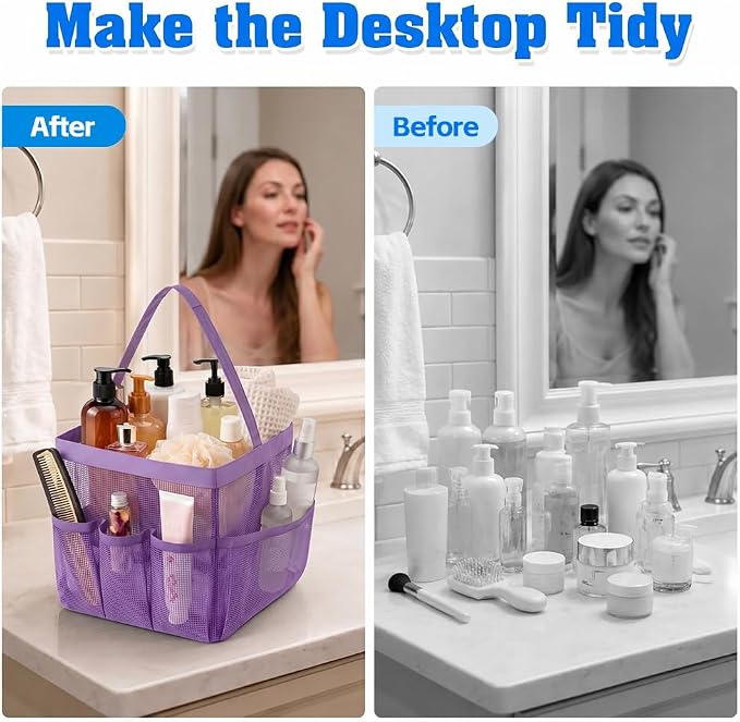 Mesh Shower Caddy Portable for College Dorm Room Essentials, Large Capacity Shower Caddy Dorm Bag with 9-Pockets, Quick-Dry Toiletry Organizer for Gym Beach Camping Travel Bathroom, Purple