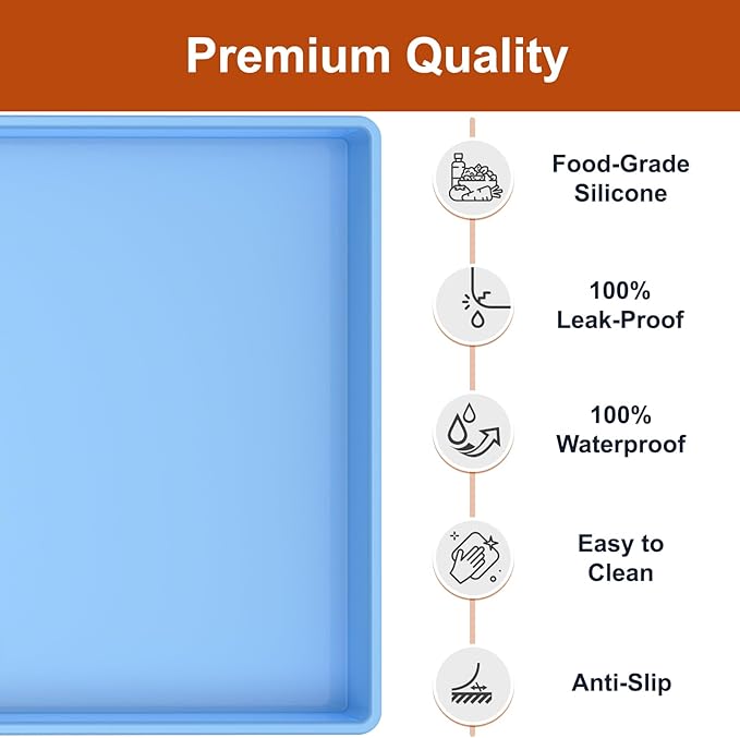 ukeetap Extra Thick Silicone Mat Waterproof with Raised Edge 19” x 12”, BPA Free Non-Slip Dog & Cat Food Mat, Feeding Mat for Food and Water Bowls, Spill Proof Mat to Protect Floors, Blue