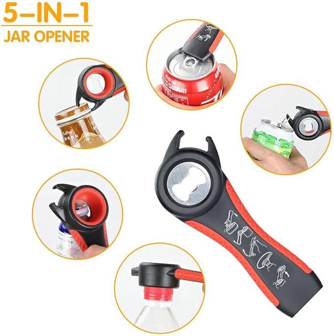 Otstar Jar Opener for Weak Hands，5 in 1 Bottle Opener for Seniors with Arthritis - Multifunctional Lid Remover Set, Includes Non-slip Rubber Jar Gripper Pad, Wine Opener (Black and Red)