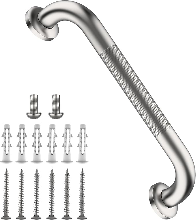 Shower Grab Bar 12 Inch, iHansee Brushed Nickel Bathroom Grab Bar w/Anti-Slip Knurled Grip, Stainless Steel Bath Safety Bars Support Handrail for Senior Elderly, Toilet Bathtub Balance Handle for Wall
