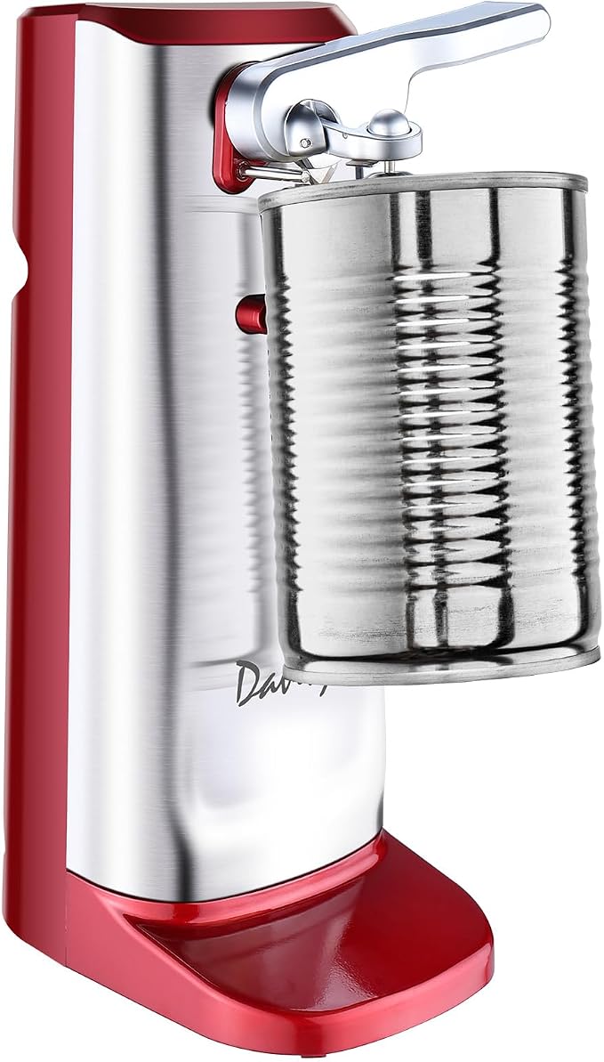 Davivy Electric Can Opener, One Touch Lid Opener, Removable Stainless Steel Cutter and 3-in-1 Design, with Sharpener and Bottle Opener (Stainless Steel-Red)