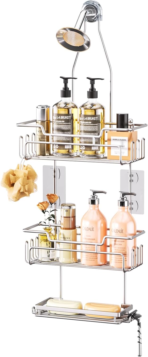SWTYMIKI Bathroom Shower Caddy Hanging - 3 Tier Rustproof Over Shower Head Organizer, No Drilling Bathroom Shelf with 16 Hooks & Soap Holder, Anti-Swing Rack, Sand Nickel