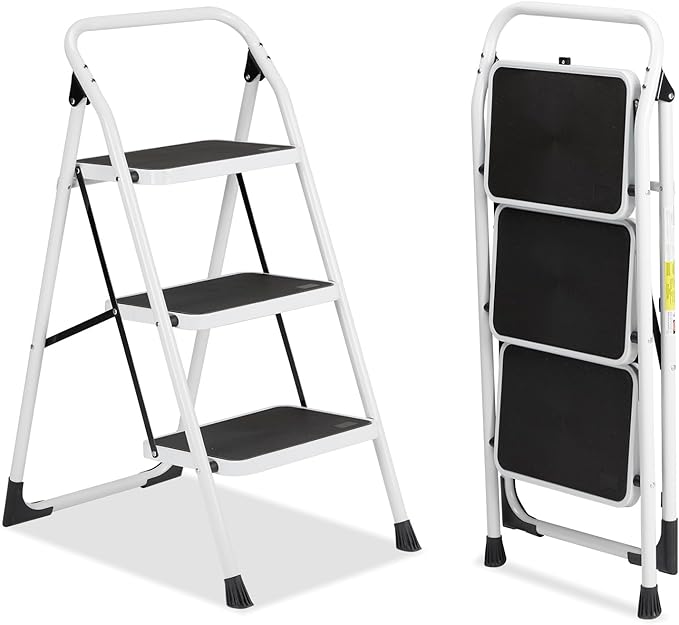 Winado 3 Step Ladder, Folding Step Stool with Wide Anti-Slip Pedal, Lightweight Convenient Handgrip Sturdy Steel Ladder, Portable Steel Step Stool 330 LB Capacity