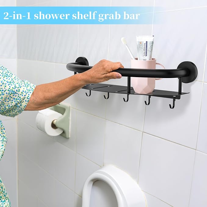 Black Shower Grab Bar Shelf 18 Inch, Zepolu Stainless Steel Shampoo Shelf Grab Bar, Wall Mount Bathroom Shelves Safety Balanced Support Bar Handrail Assist Handle for Elderly Senior Handicap