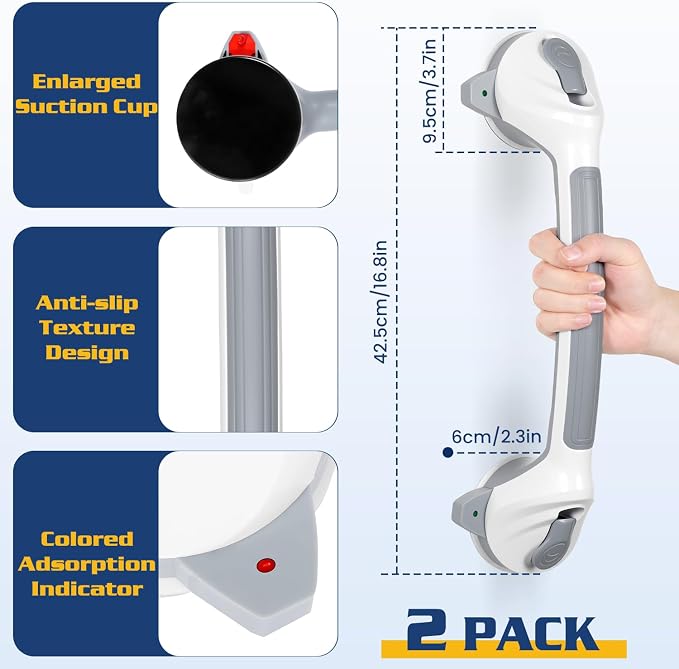 KVANT Shower Grab Bars for Seniors, 16.5 Inch Shower Handle (Gray White) | Safety Signal Indicators, Strong Suction Cup, Easy Installation, No Drill, Removable, Anti-Slip, Waterproof