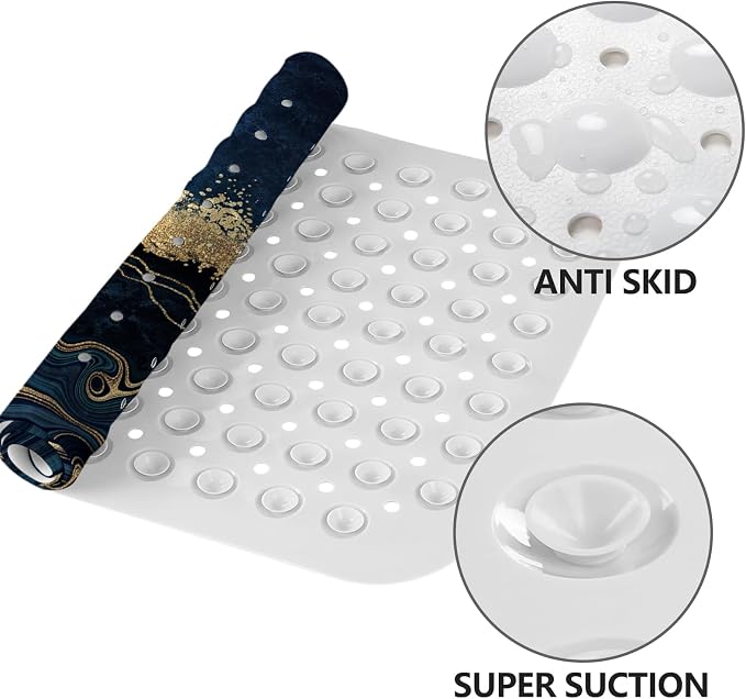 LNOND Marble Bath Tub Mat Non Slip, Extra Long 40 X 16 Inch Anti Slip Mat for Bathtub, Blue Luxury Marble Shower Mat with Drain Holes and Suction Cups, Machine Washable