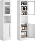 Bevivog Tall Bathroom Storage Cabinets, Slim Metal Cabinet with Open Shelf, Glass Display Door Freestanding Narrow Storage Organizers for Small Spaces, White Skinny Cabinets for Pantry, Living Room