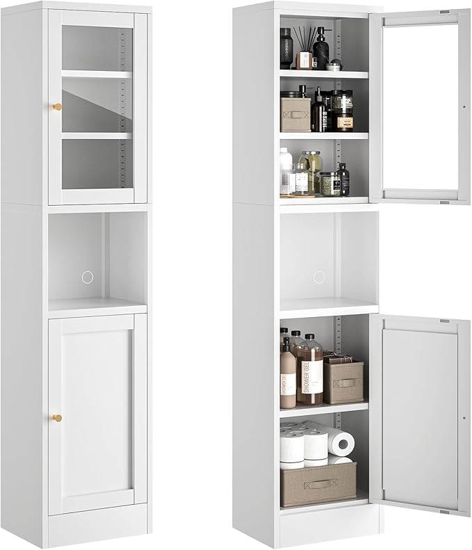 Bevivog Tall Bathroom Storage Cabinets, Slim Metal Cabinet with Open Shelf, Glass Display Door Freestanding Narrow Storage Organizers for Small Spaces, White Skinny Cabinets for Pantry, Living Room