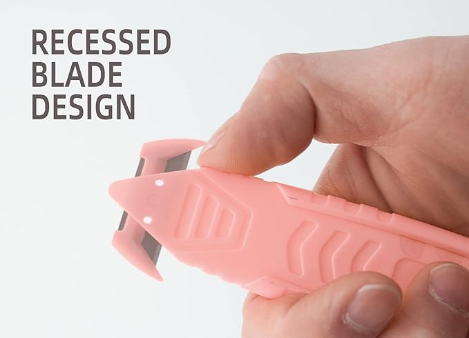 Safety Box Cutter, T TOVIA Sharp Durable Stainless Steel Concealed Blade Package Opener with Tape Splitter for Cartons, Cardboard, Wrap, Straps, Film (5 Pcs - Pink)