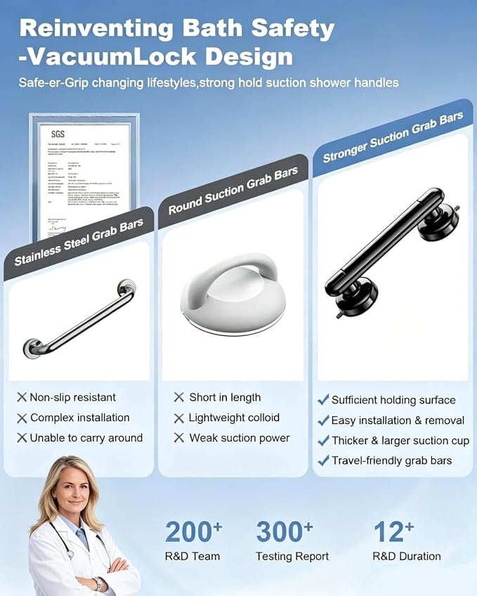 Grab Bars for Bathtubs and Shower (2 Pack), 11 Inch Shower Handle Bathroom Safety Suction Grab Bar for Bathtub for Elderly & Children