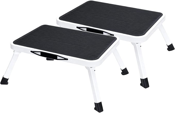 NEWBULIG Foldable Step Stool Set of 2, 330lbs Capacity Reinforced Sturdy Metal, Non-Slip Platform & Thickened Rubber Feet for Home, Kitchen, RV, Indoor Outdoor, Black & White