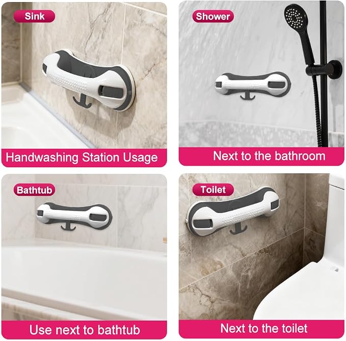 Grab Bars for Shower,Shower Handle with 3 Heavy Duty Suction Cups, Removable Bathtub Handrails for Elderly, No Drilling Waterproof Bathroom Safety Grip (Pewter)
