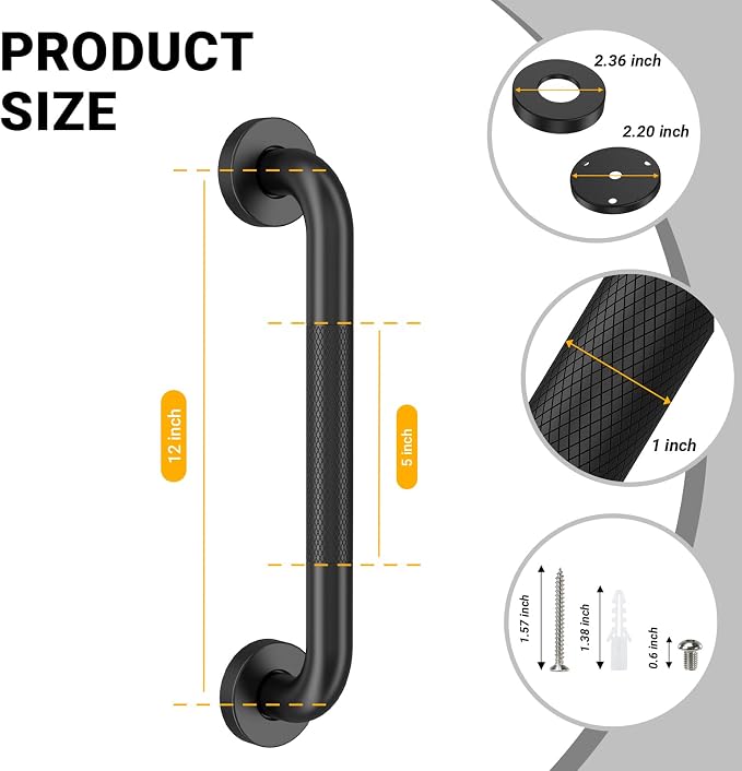Anti Slip Grab Bars for Shower Black, Safety Textured Grip Shower Grab Bars for Seniors, Holds up to 500LBs, Knurled Handicap Grab Bars for Wall with Concealed Screws, 12 Inch