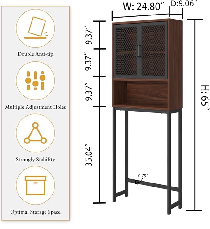 Launica Over the Toilet Storage Cabinet, Over Toilet Bathroom Organizer with Mesh Doors and Shelves, Freestanding Bathroom Storage Cabinet Above Toilet, Wood and Metal, Walnut