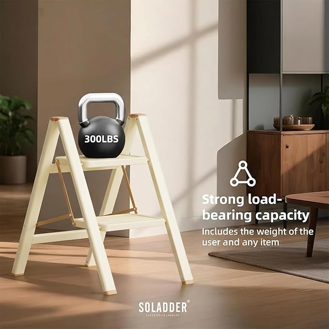 SOLADDER 2 Step Ladder, Anti-Slip and Lightweight Foldable Step Stool for Adults to Use in Kitchen, Closet and Library, 300lbs(Cream Chocalate)