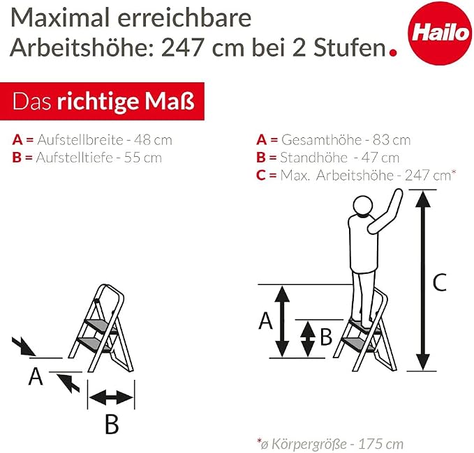 HAILO K70 StandardLine 2-Step Ladder – Foldable Steel Step Stool with Safety Lock, Wide Non-Slip Mats, 330 lb Capacity, Compact Storage, Carry Handle, Stable for Home, Kitchen, Office – Silver