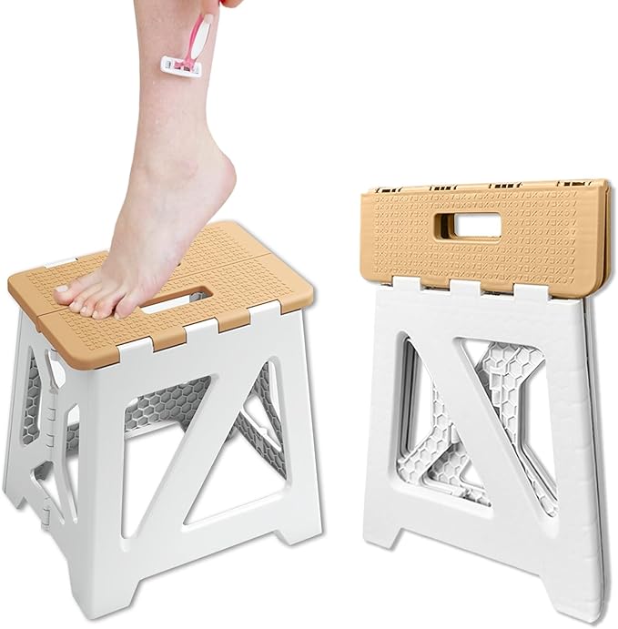 Shower Stool for Shaving Legs, 1 Pack Foot Rest Folding Stool Step to Shave Legs Shaving for Inside Shower Foldable Small Waterproof Plastic Corner Khaki White