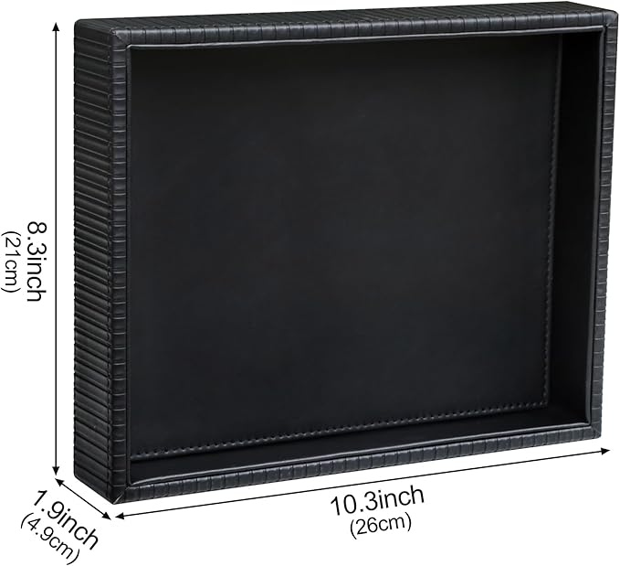 HofferRuffer Faux Leather Vanity Tray, Elegant Desktop Storage Organizer, Decorative Catchall for Perfume, Bathroom Valet, Nightstand or Dresser, 10.2 x 8.4 x 1.8 inches (Black Stripe)