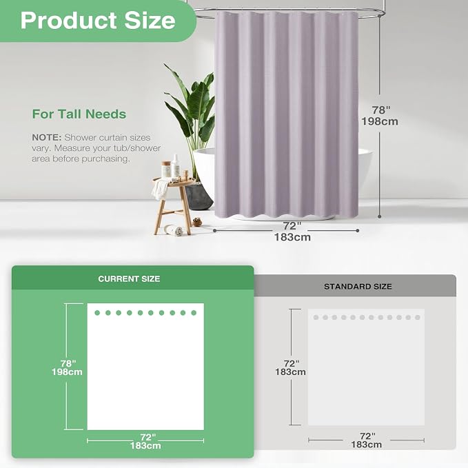 Dynamene Long Fabric Shower Curtain - 78 inch Long Waffle Weave Weighted Cloth Shower Curtains for Bathroom, Neutral Heavy Duty Hotel Spa Luxury Bath Curtain Set with 12 Hooks, 72x78, Lavender