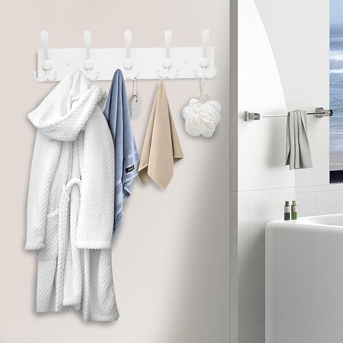 Kuhome 2pcs Coat Rack Wall Mount Coat Hooks Wooden Hat Rack for Wall Hooks Pine Real Wood Plank 16.9" White Coat Hanger with 5 White Triple Hooks for Hanging Coat Hat Jacket