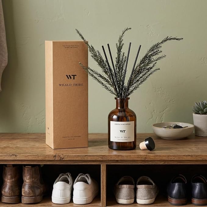 WEALD TRIBE Reed Diffuser Set for Bathroom Air Fresheners, Oil Diffuser Sticks with Flower | Balsam Fir Scent 4.0 fl oz Home Fragrance with Sticks Defusers | House Bedroom Office Shelf Decor