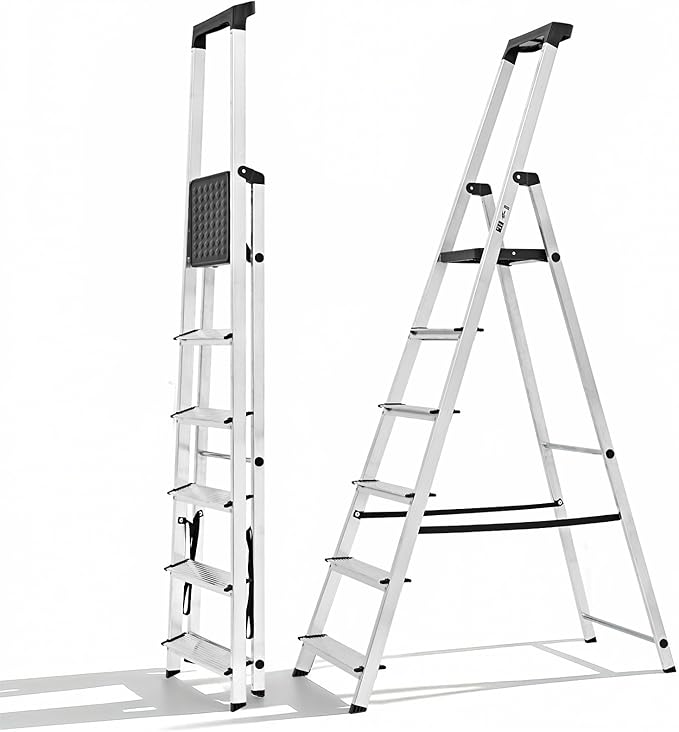 Sweetcrispy 6 Step Ladder, 330lbs Folding Step Stool with Anti-Slip Wide Pedal,Tool Tray, Aluminum Stool Ladders, Safety Household Ladder for Home Kitchen Courtyard Outdoor