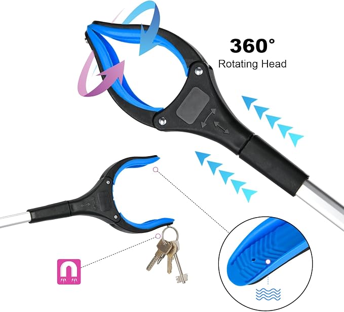 6-Pack 32" Grabber Reacher Tool, 360° Rotating Head, Wide Jaw, Foldable Reacher Grabber Pickup Tool,Anti-Slip Rotating, 4" Wide Claw Opening Grabbers for Seniors (Blue)
