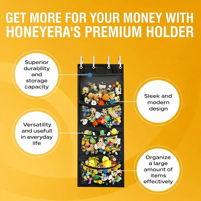 Honeyera The Original Stuffed Animal Storage (Patented) - Over Door Organizer for Stuffies, Toy Plush/Hammock Baby Hanging Storage Net Big Girls Toddler Large Bag Animals (Black)