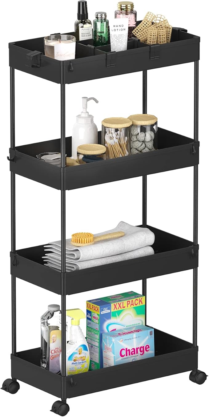 SPACELEAD 4 Tier Rolling Cart with Wheels, Storage Craft Art Trolley Organizer Serving, 3 Hanging Baskets Easy Assembly, for Office, Living Room, Kitchen