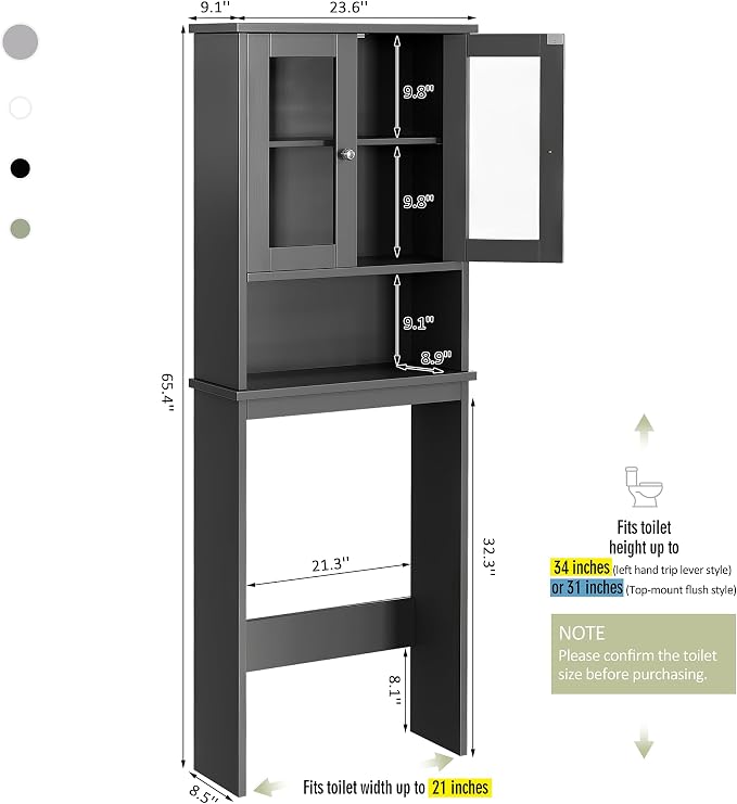 Over the Toilet Storage Cabinet, Bathroom Storage Cabinet Over Toilet, Space Saver with 2 Tempered Glass Doors, Grey