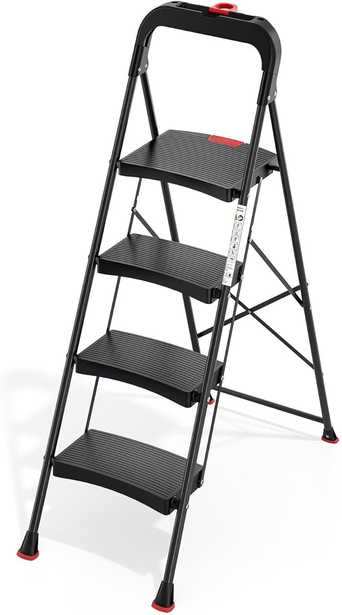 TOOLF 4 Step Ladder Folding Step Stool, Heavy Duty Steel Ladder with Tool Tray, Anti-Slip Wide Pedal, Portable Step Ladder for Home Kitchen Garage, 800 lbs Capacity, Black
