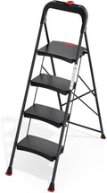 TOOLF 4 Step Ladder Folding Step Stool, Heavy Duty Steel Ladder with Tool Tray, Anti-Slip Wide Pedal, Portable Step Ladder for Home Kitchen Garage, 800 lbs Capacity, Black