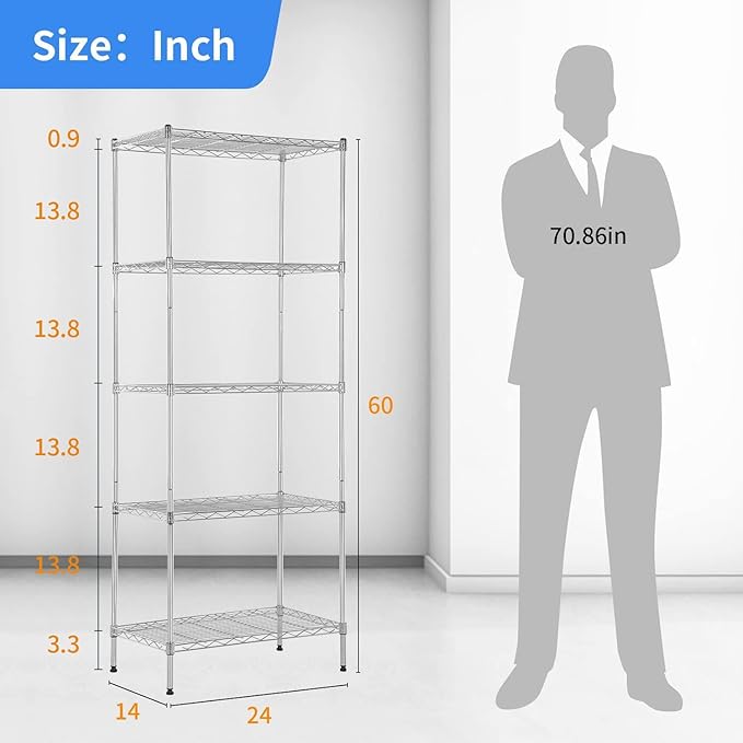 BestOffice | 5-Tier Wire Storage Shelves | 14x24x60 | Chrome | Heavy-Duty Metal Shelf, Holds Upto 750 lbs | No-Tool Assembly | Ideal for Home & Garage Shelving