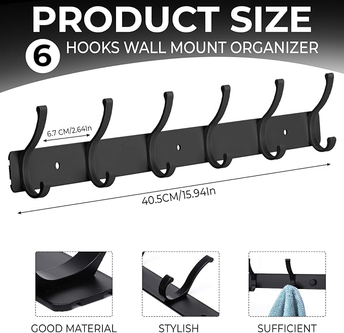 Dntorx Coat Rack Wall Mount, 2 Pack Coat Hooks Hanger Wall Double Hook Rack Rail Towel Hat Rack Entryway Bathroom Hanger Organizer for Robes, Clothes, Bags, Hat(Black)