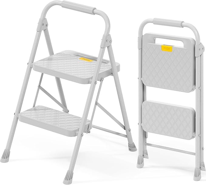 KINGRACK 2 Step Ladder, Folding Step Stool with Safety Lock & Sturdy Anti-Slip Pedals, Pass 800lbs Load Testing, Lightwegiht, Portable Steel Ladder with Handrails for Home, Kitchen, Garage, Office