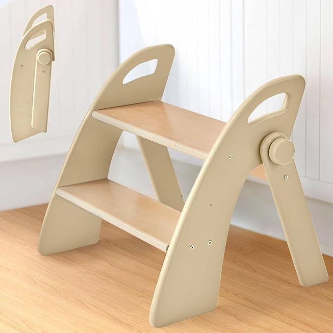 Wooden 2 Step Stool for Toddlers, Foldable 2-Step with Non-Slip Pads and Handles, Bamboo Step Stool for Kids Bathroom Sink and Potty Training, Kitchen Helper, Nursery Bedroom (Log Color)