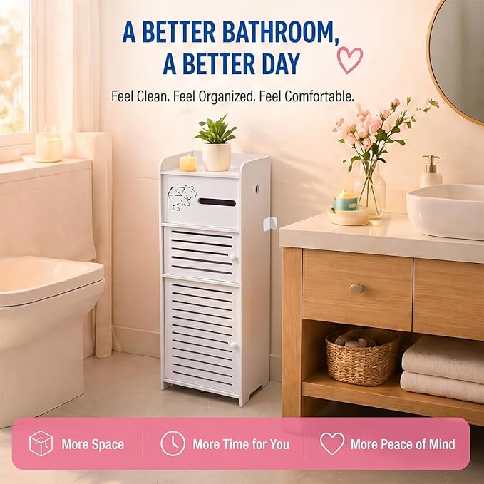 BorealBear Slim Bathroom Storage Cabinet with Louvered Doors for Women, Narrow Freestanding Floor Cabinet to Store Pads Tampons Toiletries, 3-Tier Large Moisture-Resistant Organizer Small Space