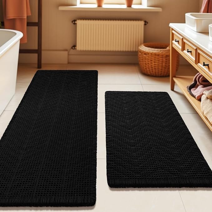 IM HOME Upgrade Waffle Bath Mat Set 2 Piece, Boho Bathroom Rugs Absorbent Non Slip, Ultra Soft Bathroom Mat, Machine Washable Knit Bath Rugs with Herringbones for Bathroom, Bedroom, Kitchen, Black