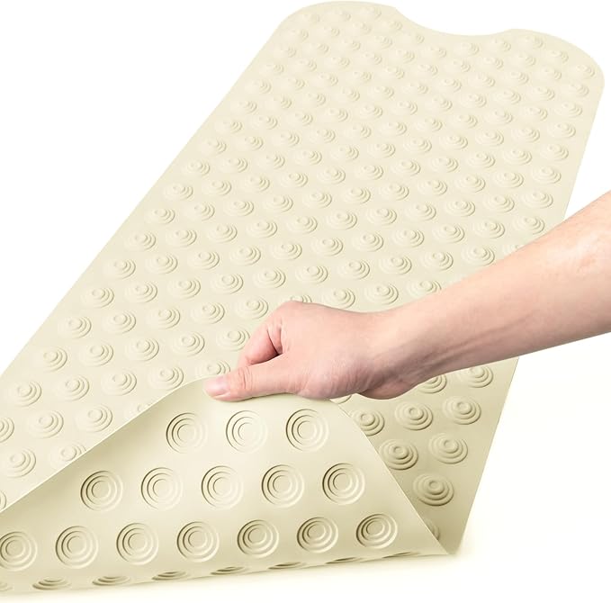 Bligli Bathtub Mat Non-Slip Without Suction Cups, 39x16inch Extra Long Bath Mats for Shower Bathroom, Machine Washable Natural Rubber Shower Tub Mat (39x16inch, Beige)