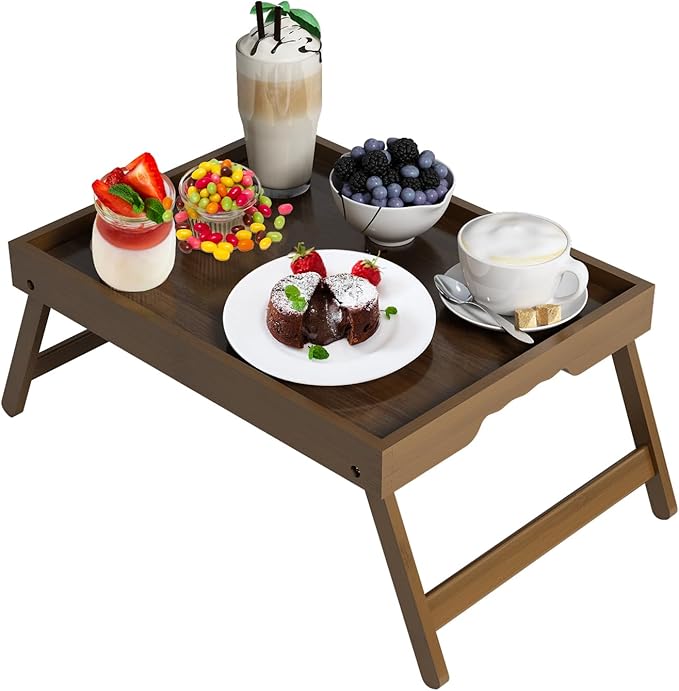 Artmeer Bed Tray Table with Folding Legs,Bamboo Breakfast in Bed for TV Table, Laptop Computer Tray,Eating,Snack Tray (Walnut Medium)