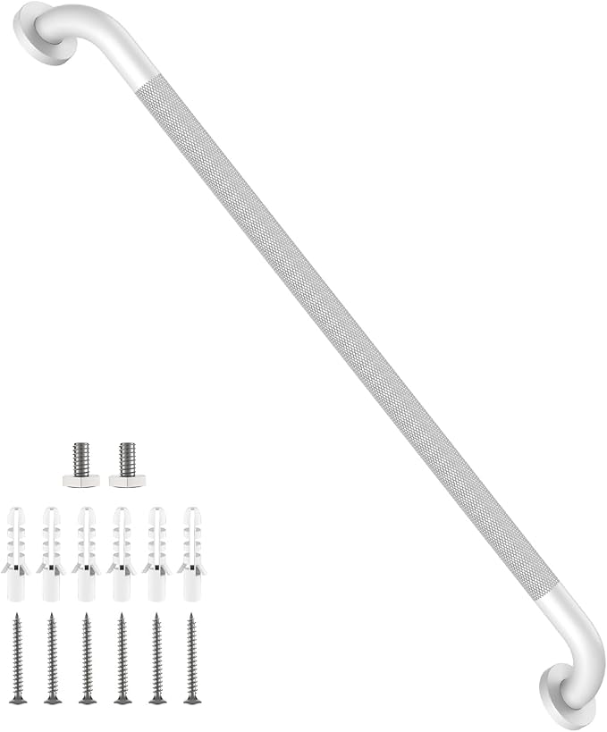 White Shower Grab Bar 36 Inch - 1.25" Diameter, iHansee Bathroom Grab Bar w/Anti-Slip Knurled Grip, Stainless Steel Bath Safety Bars for Senior Elderly, Wall Mounted Toilet Bathtub Balance Handrail
