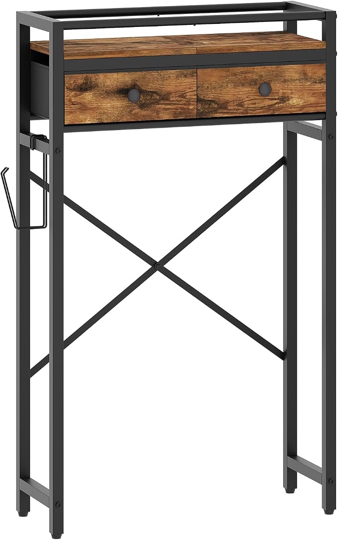 MAHANCRIS Over Toilet Storage, 2-Tier Bathroom Organizer Shelf with 2 Fabric Drawers and Toilet Paper Holder, Freestanding Above Toilet Rack for Small Spaces, Space-Saving, Rustic Brown TSHR1101