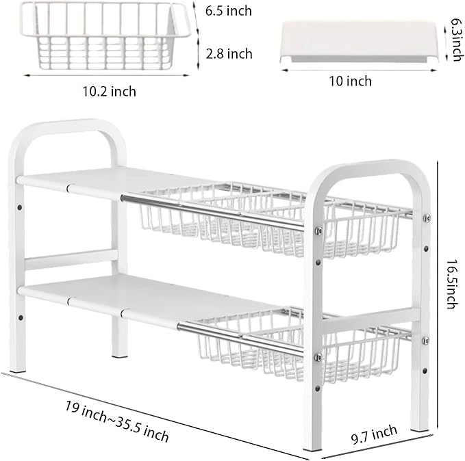Under Sink Organizer，2 Tier Expandable Heavy Duty Metal Shelf，with 5 Removable Panels and 5 Storage Basket for Under Kitchen Bathroom Sink Organizers and Storage(White, Large)