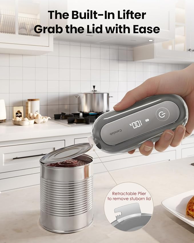 Canslab RETRO Electric Can Opener, Auto-Stop One-Touch Operation, USB Rechargeable with LED Battery Track, Side Cut Smooth Edge Can Opener for Seniors with Arthritis, Wall-Mountable Small Size, Grey